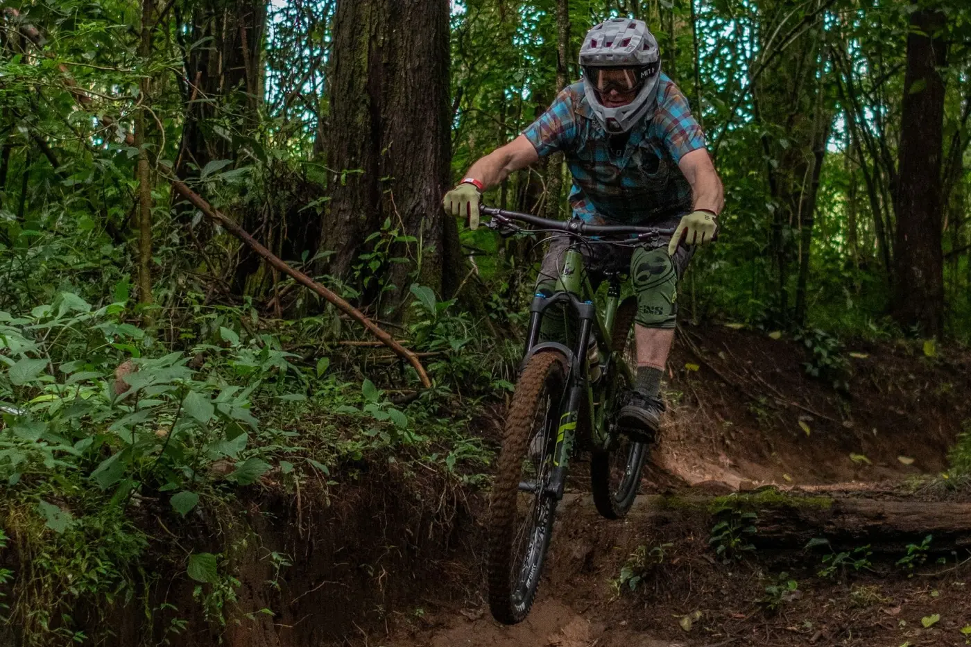 Rider carving a bermed jungle trail