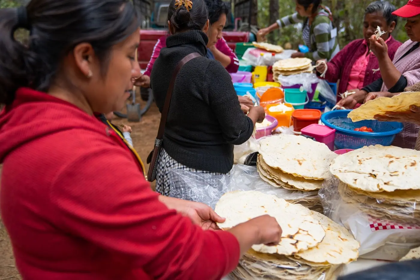 Fresh tortillas being pressed at market