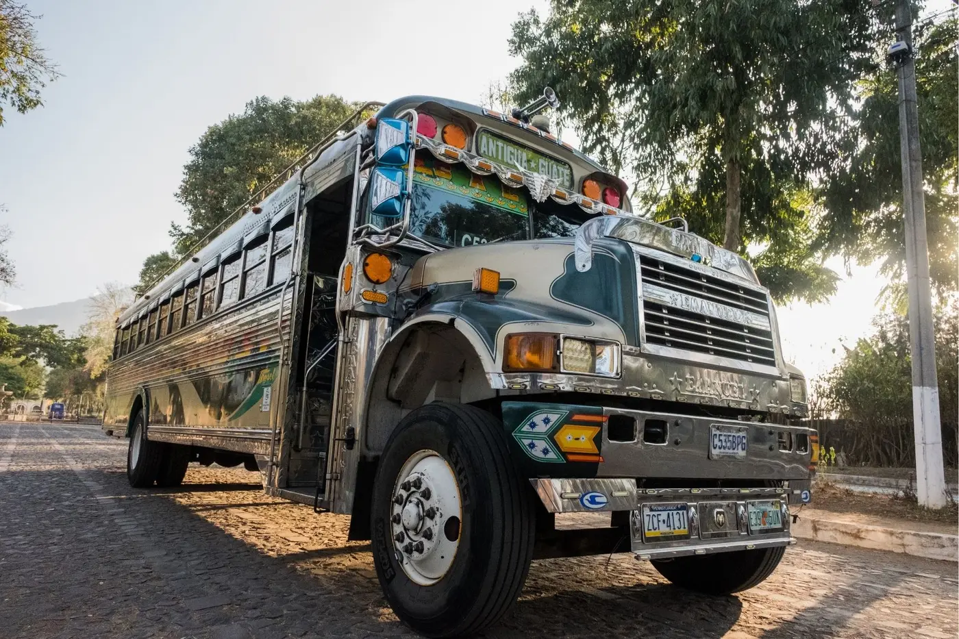 A painted chicken bus on a Guatemalan street