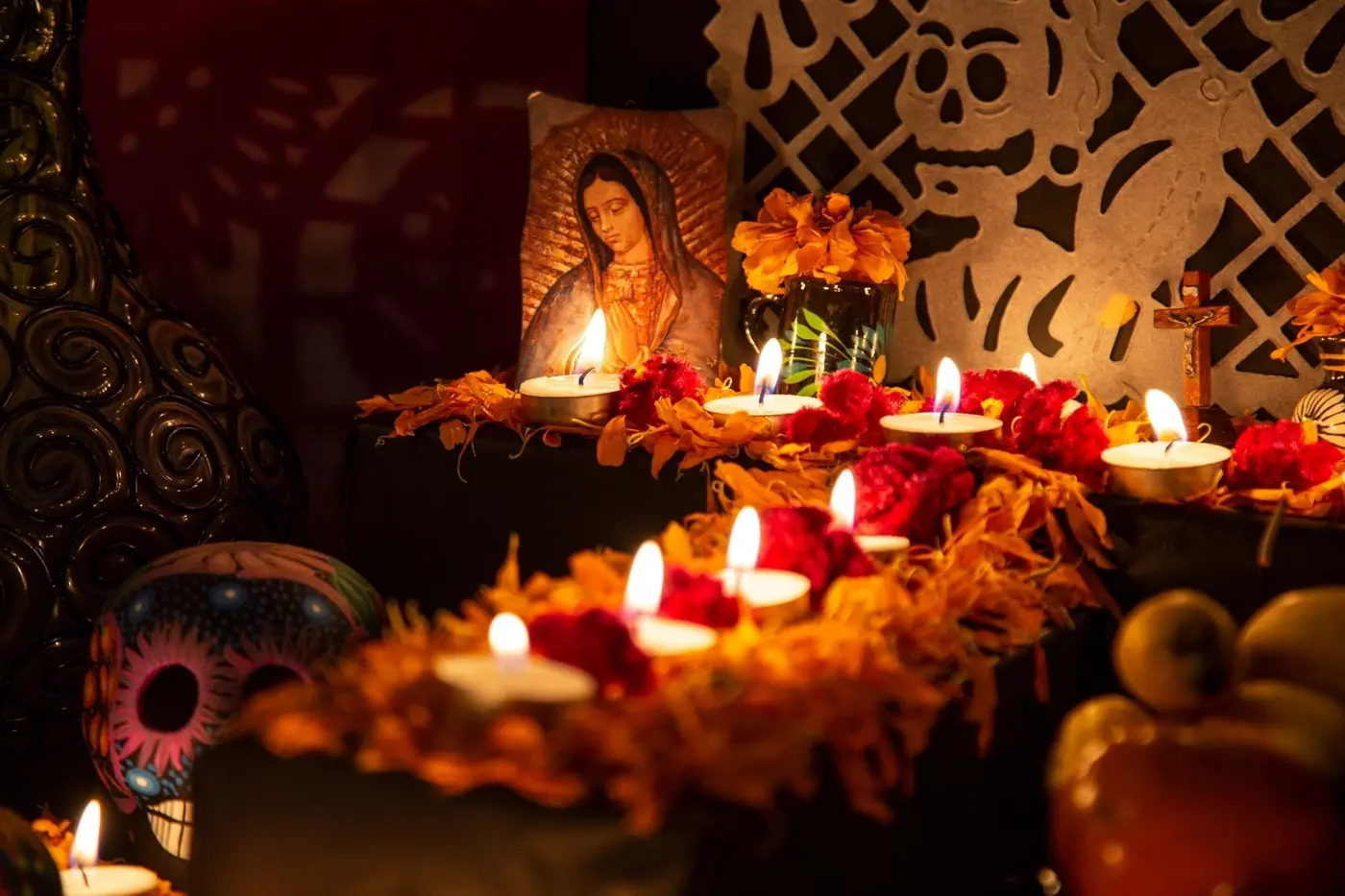 Candlelit altar during a Oaxacan festival