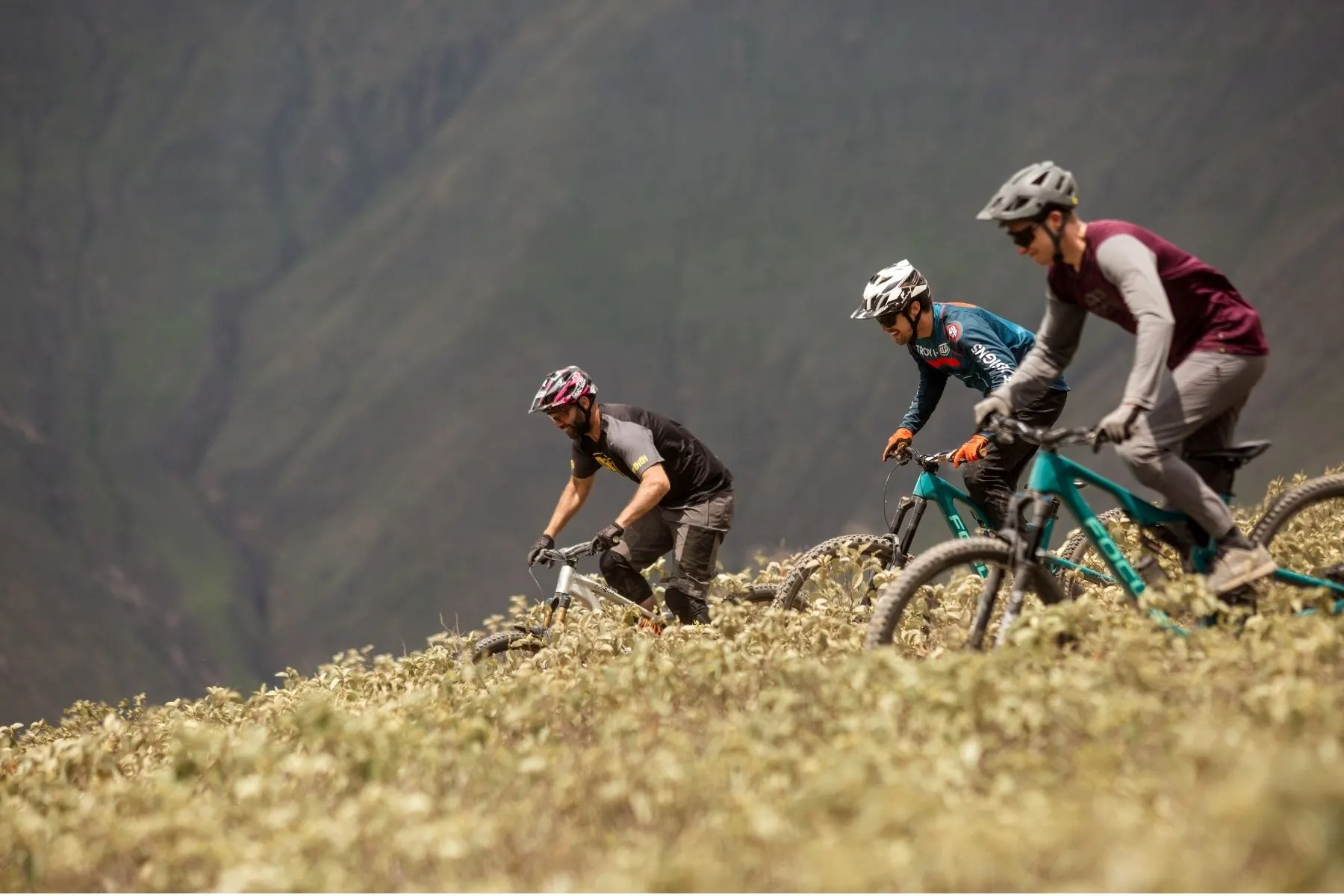 Riders traversing an open Andean ridgeline